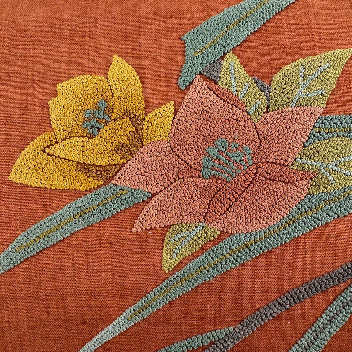 【美品】名古屋帶 秀品級 紬織織 草花紋紋 相良刺繡 橙色 純蠶絲