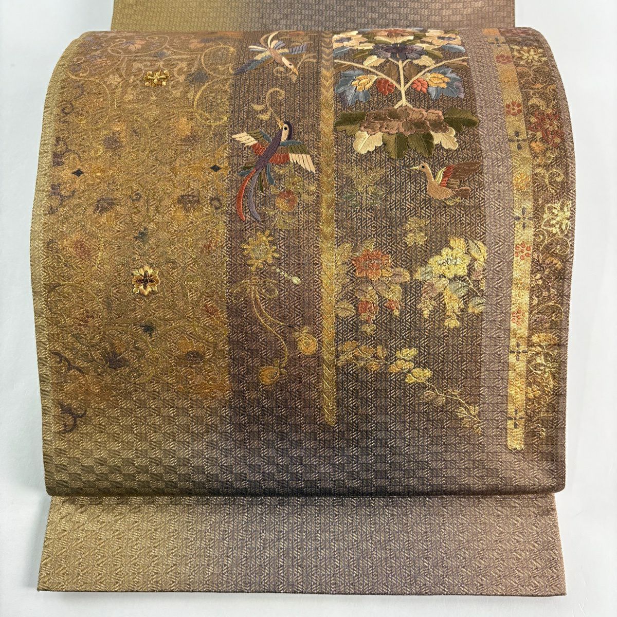 袋帶 秀品級 鳥 花唐草紋 刺繡 金線 茶 純蠶絲