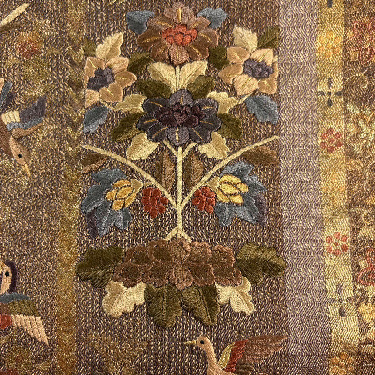 袋帶 秀品級 鳥 花唐草紋 刺繡 金線 茶 純蠶絲