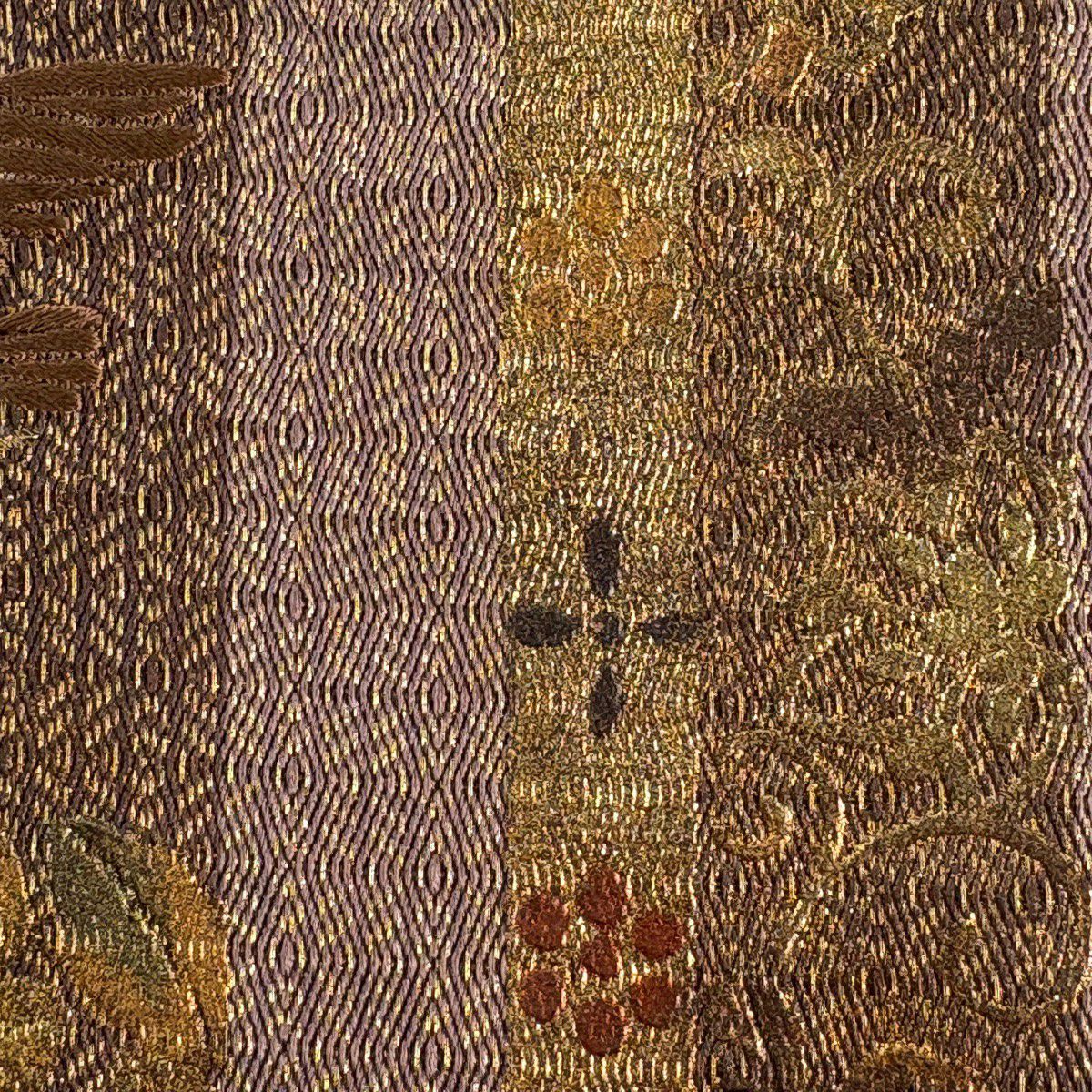 袋帶 秀品級 鳥 花唐草紋 刺繡 金線 茶 純蠶絲