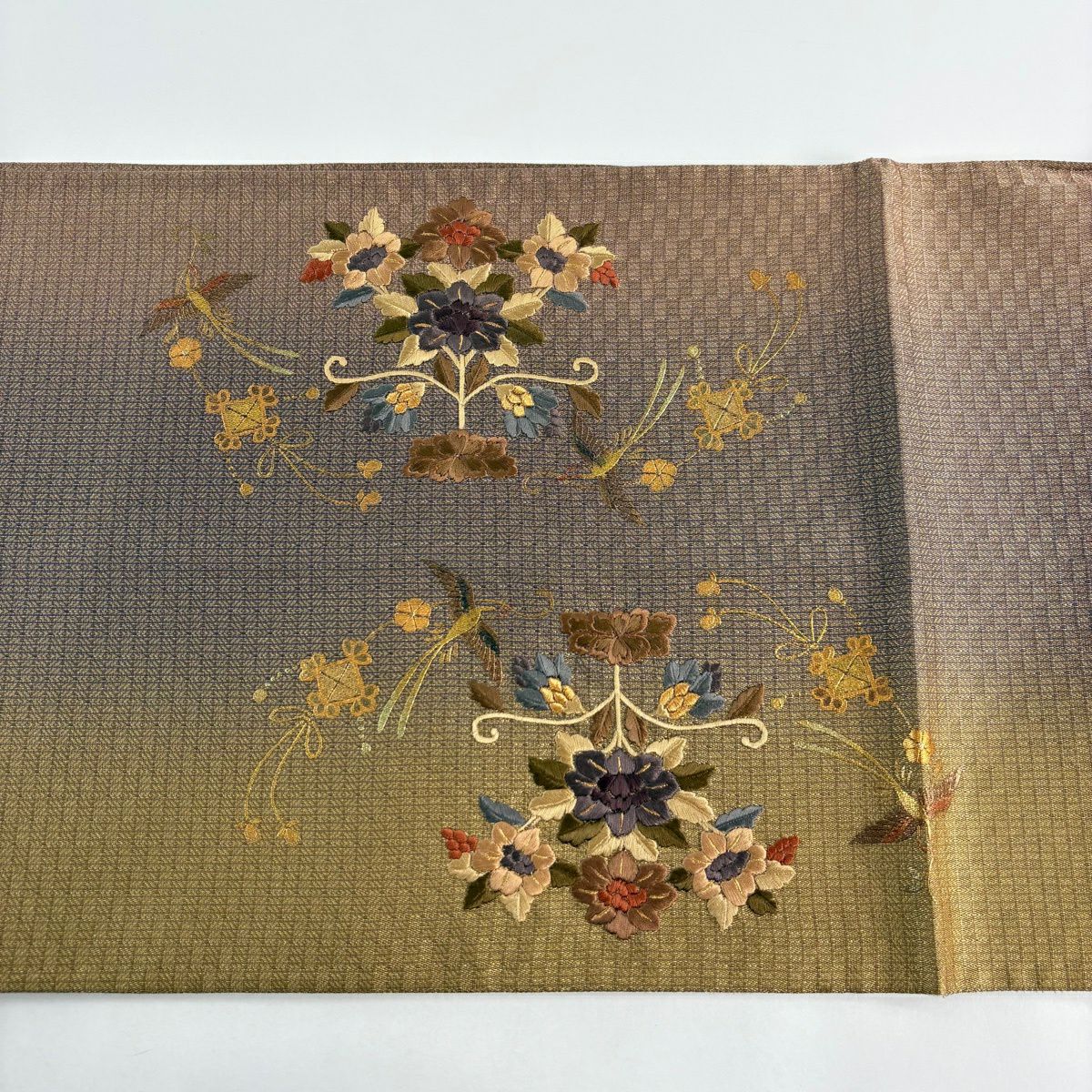 袋帶 秀品級 鳥 花唐草紋 刺繡 金線 茶 純蠶絲