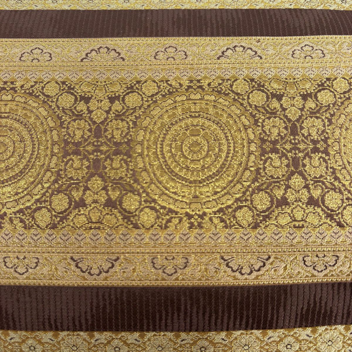 【美品】 袋帶 秀品級 華紋 段紋 金金箔 茶 純蠶絲