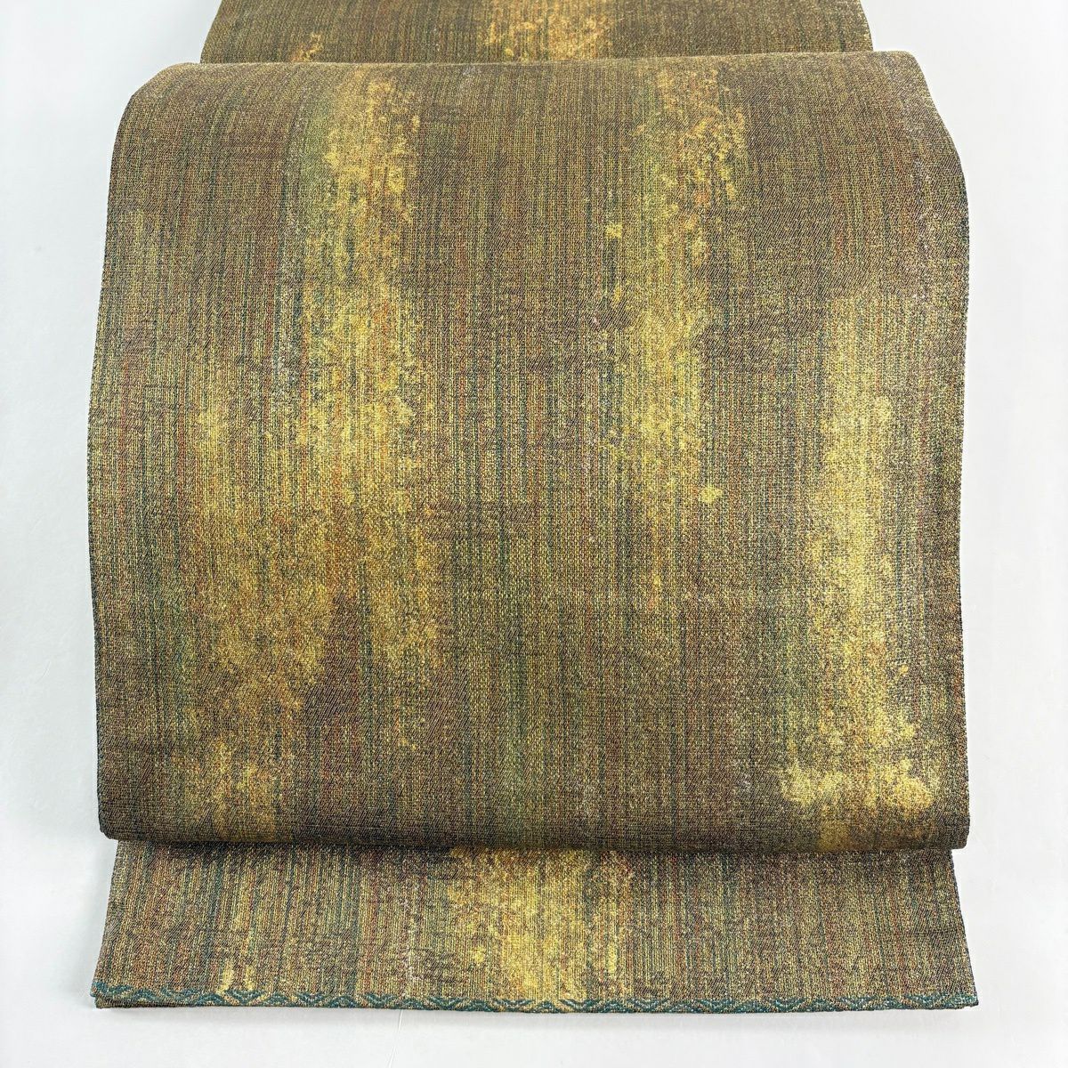 【美品】 袋帶 秀品級 霞 幾何學圖案 金絲 金金箔 茶綠 六通 純蠶絲