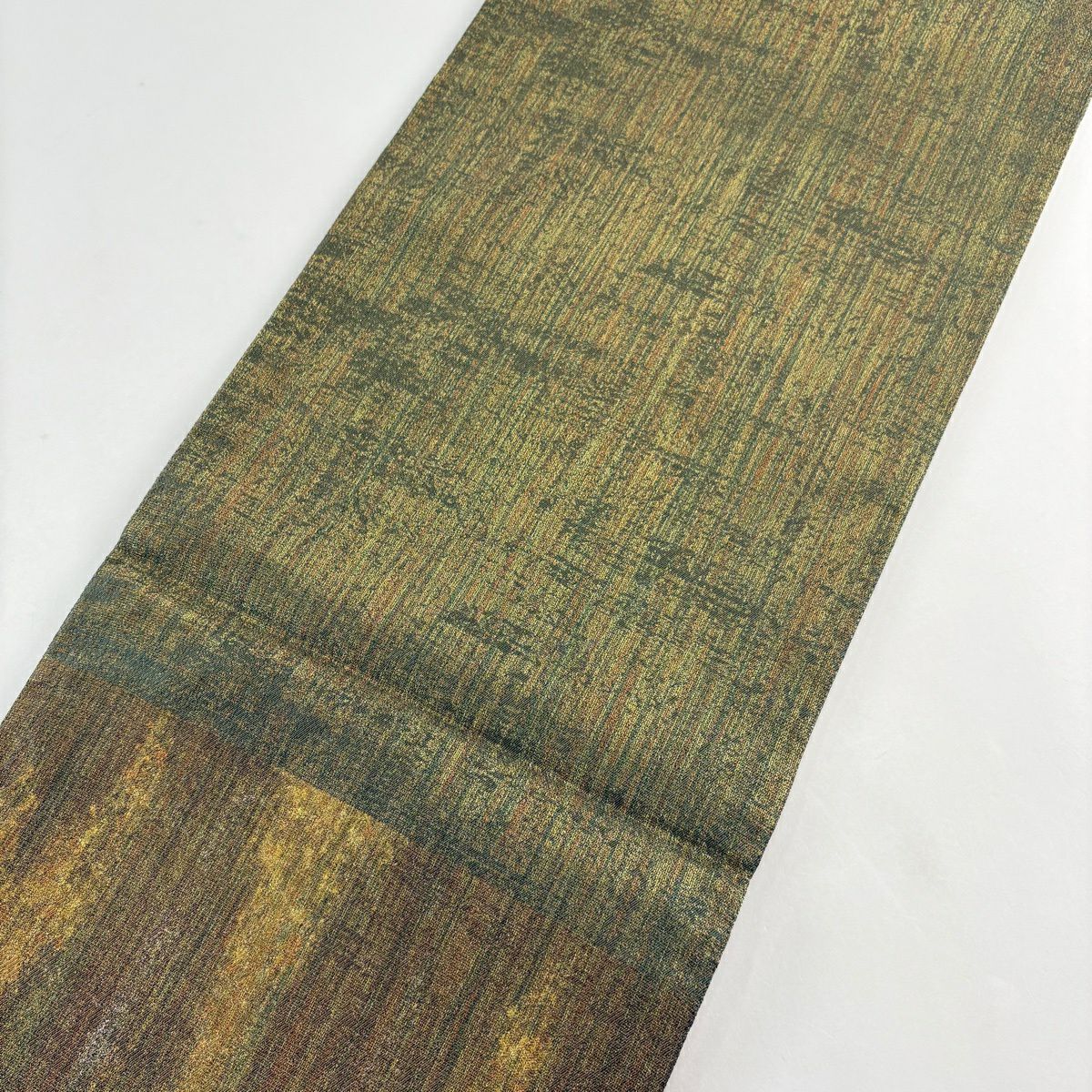 【美品】 袋帶 秀品級 霞 幾何學圖案 金絲 金金箔 茶綠 六通 純蠶絲