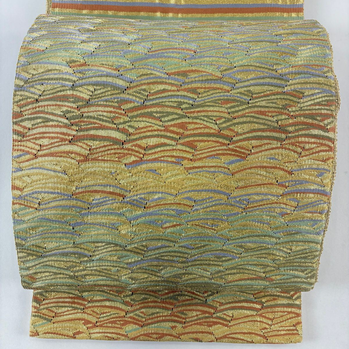 袋帶 秀品級 幾何圖案 條紋 金絲 淡黃土色 大鼓圖案 純蠶絲