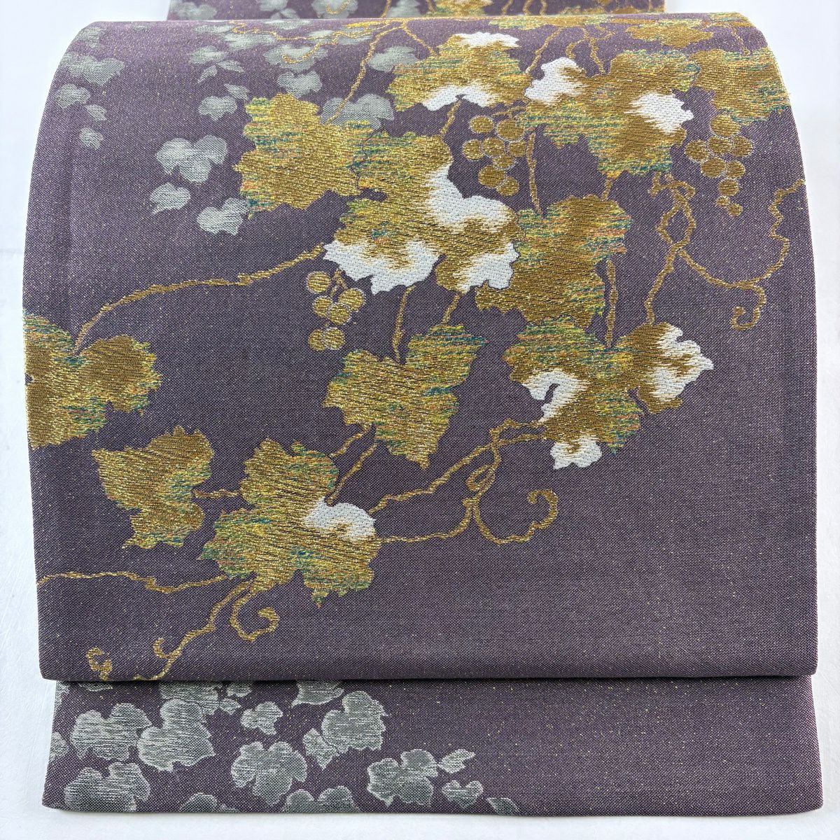 【美品】 袋帶 秀品級 葡萄 葉紋 金絲 金金箔 紫 六通 純蠶絲