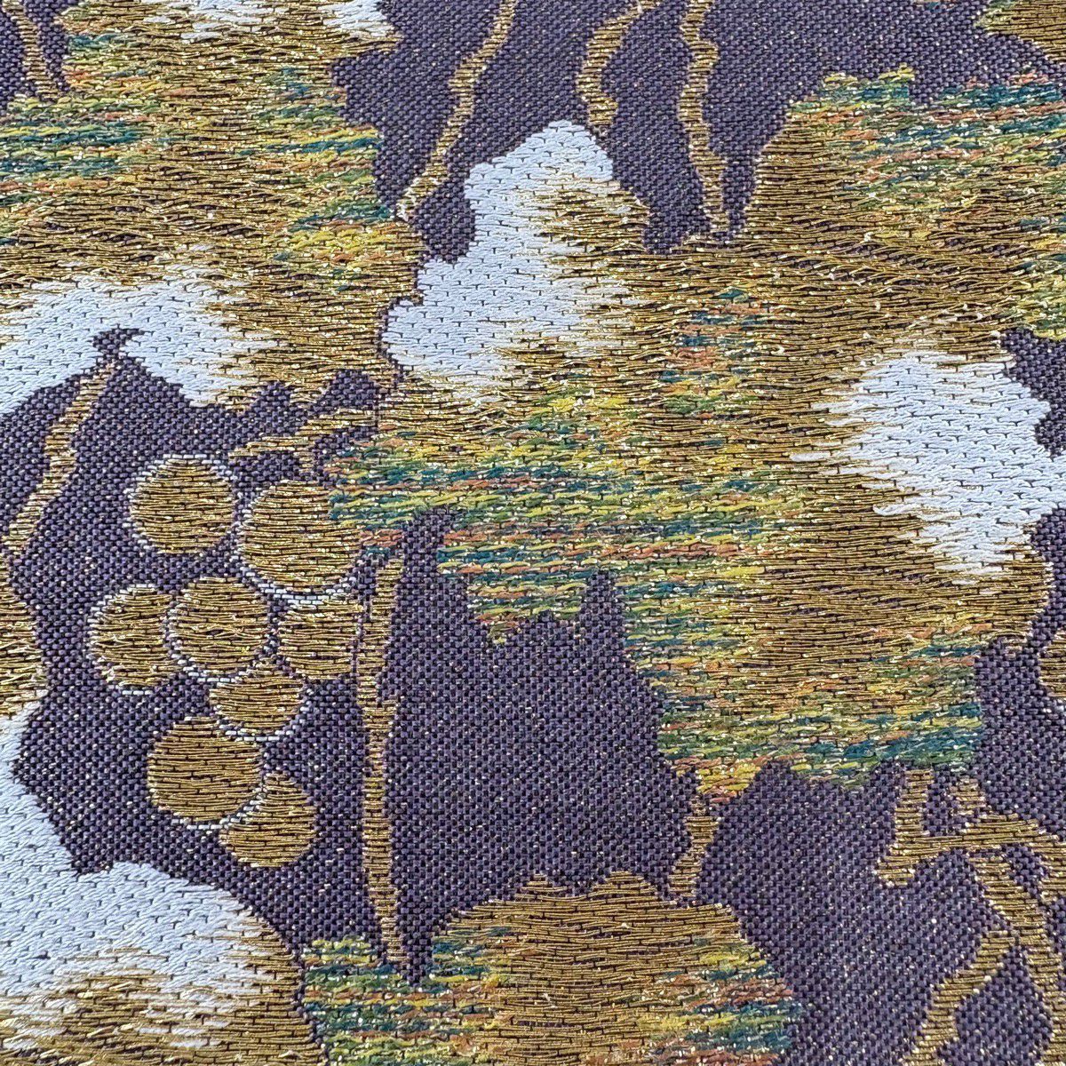 【美品】 袋帶 秀品級 葡萄 葉紋 金絲 金金箔 紫 六通 純蠶絲