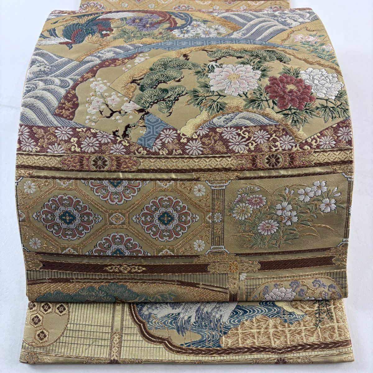 【美品】 袋帶 秀品級 扇子面 花鳥 金絲 金金箔 米色 六通 純蠶絲