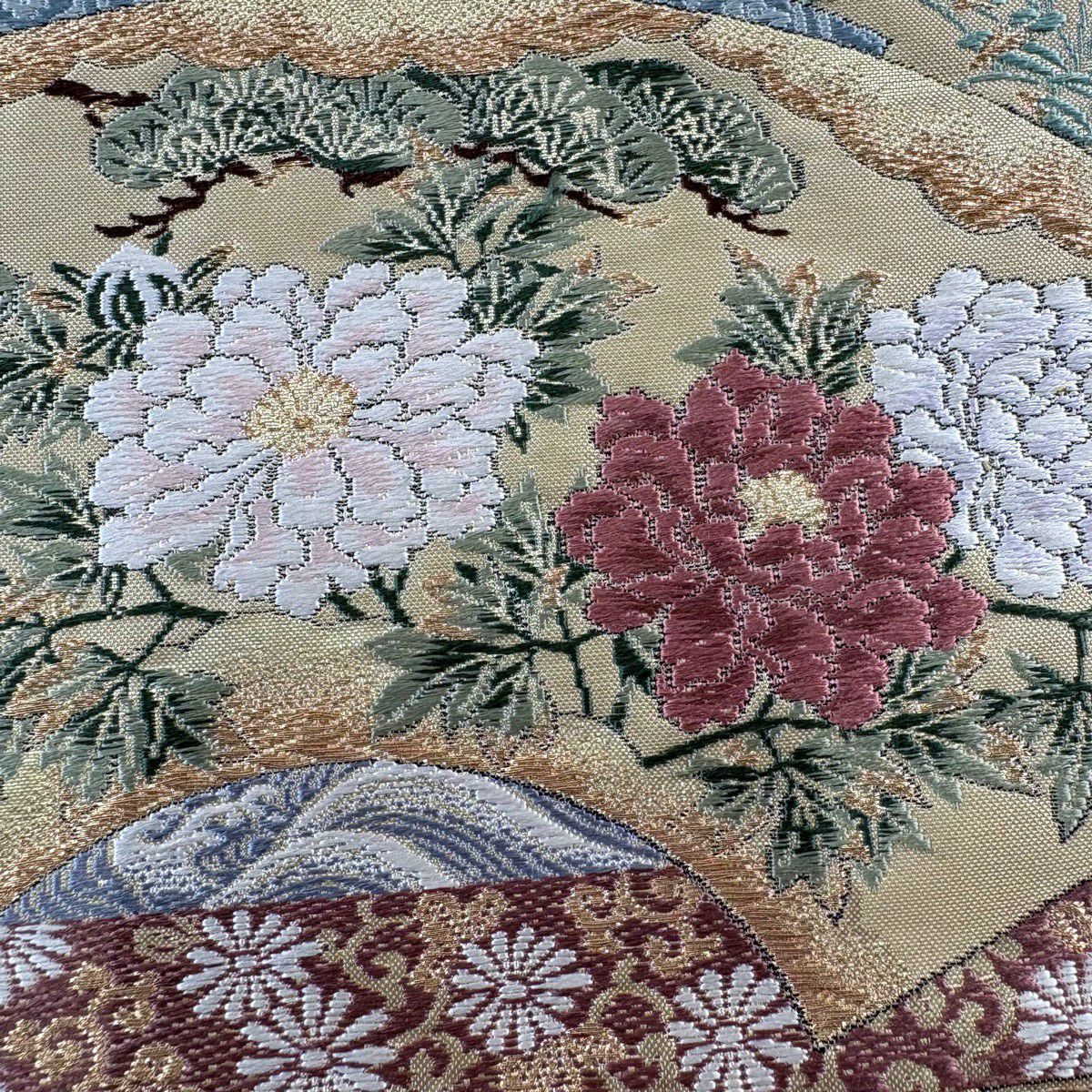 【美品】 袋帶 秀品級 扇子面 花鳥 金絲 金金箔 米色 六通 純蠶絲