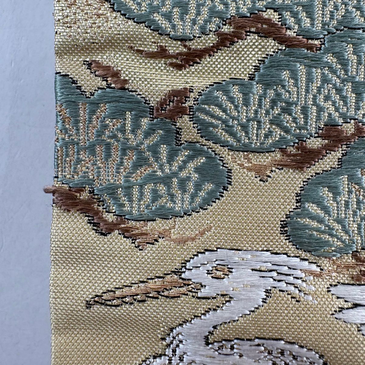 【美品】 袋帶 秀品級 扇子面 花鳥 金絲 金金箔 米色 六通 純蠶絲