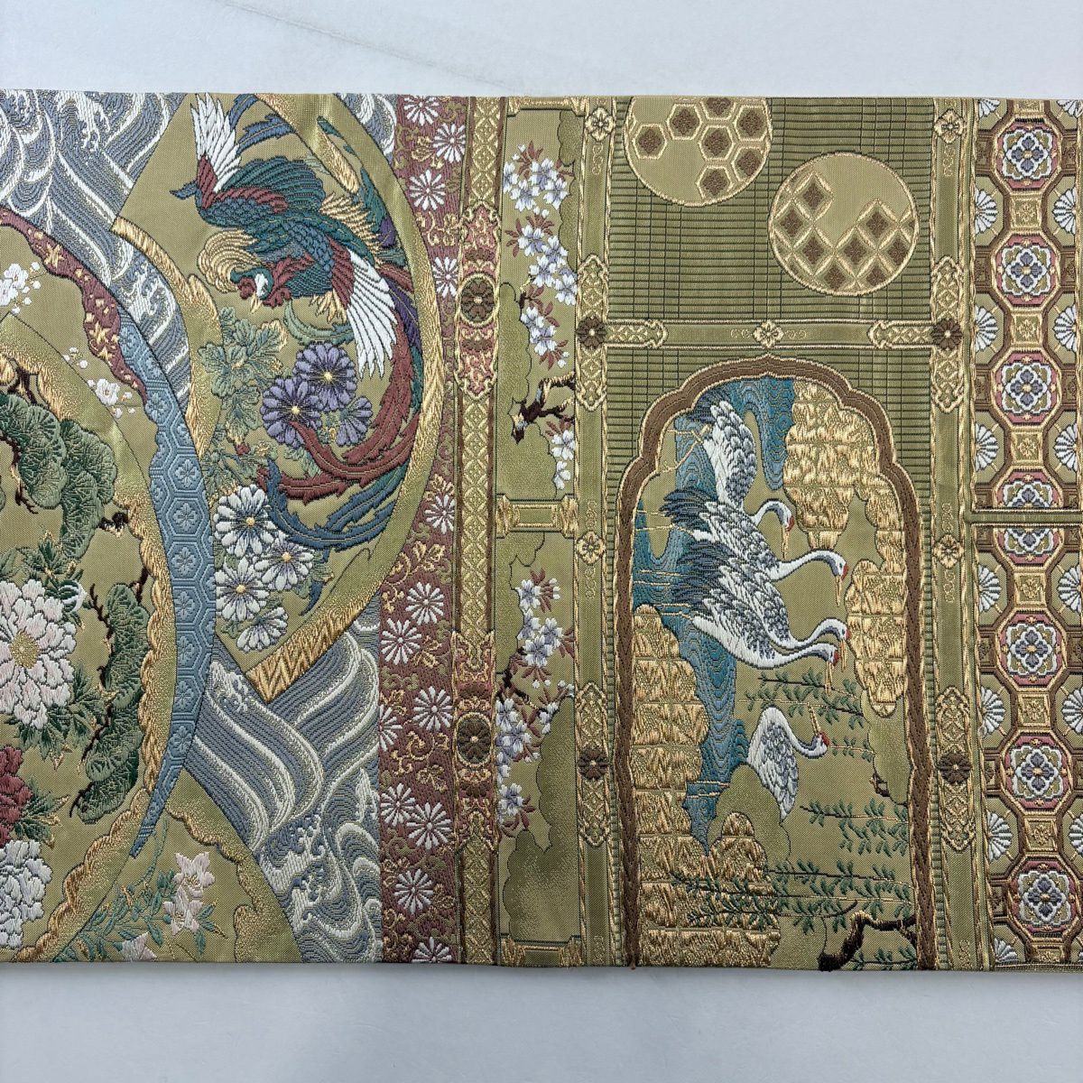 【美品】 袋帶 秀品級 扇子面 花鳥 金絲 金金箔 米色 六通 純蠶絲