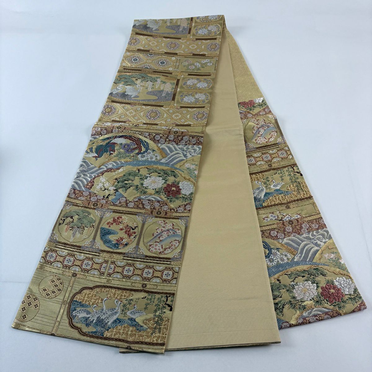 【美品】 袋帶 秀品級 扇子面 花鳥 金絲 金金箔 米色 六通 純蠶絲