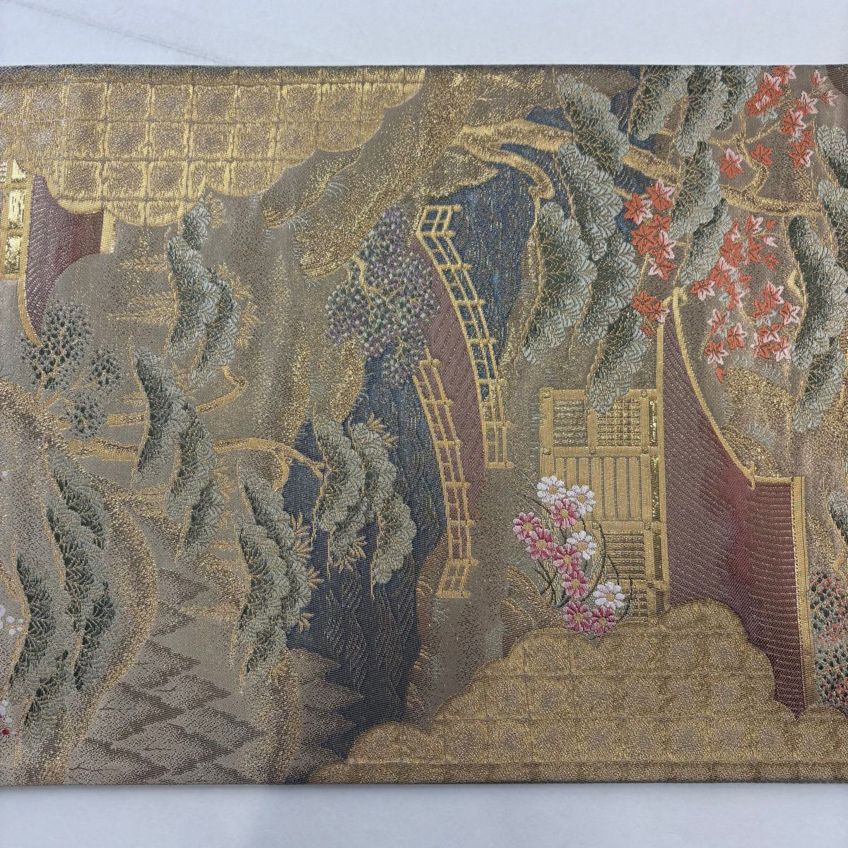 袋帶 秀品級 建築 花車 金絲 金金箔 金 六通 純蠶絲