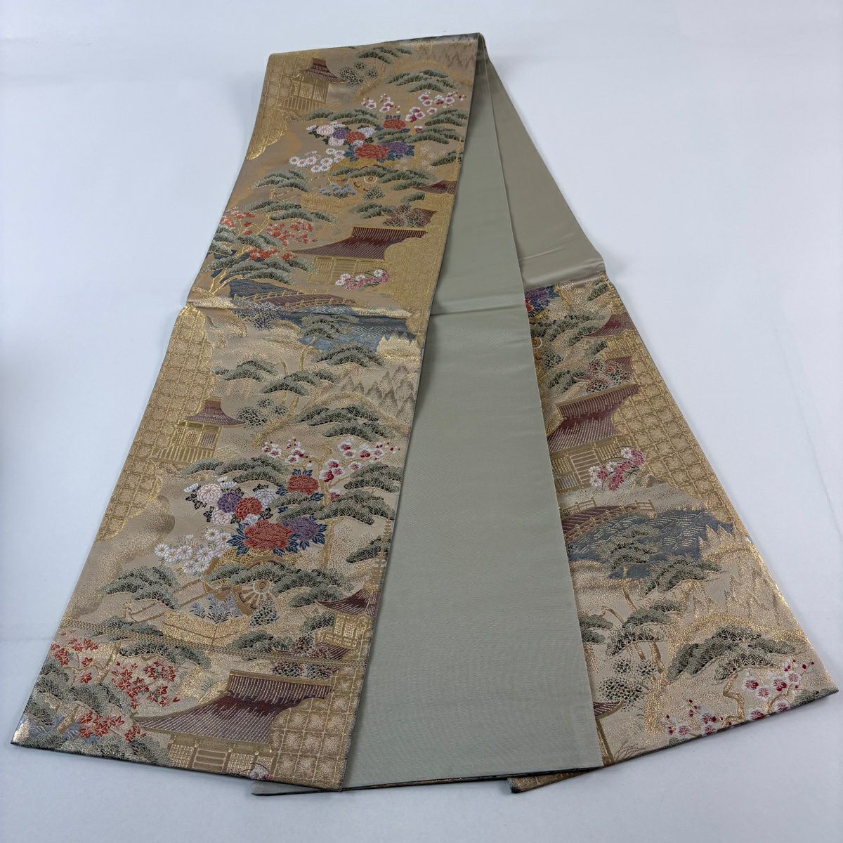 袋帶 秀品級 建築 花車 金絲 金金箔 金 六通 純蠶絲