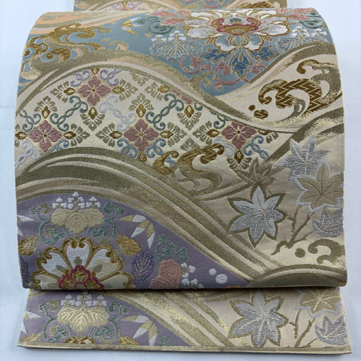 【美品】 袋帶 秀品級 草花紋紋 波 金絲 金金箔 米色 六通 純蠶絲