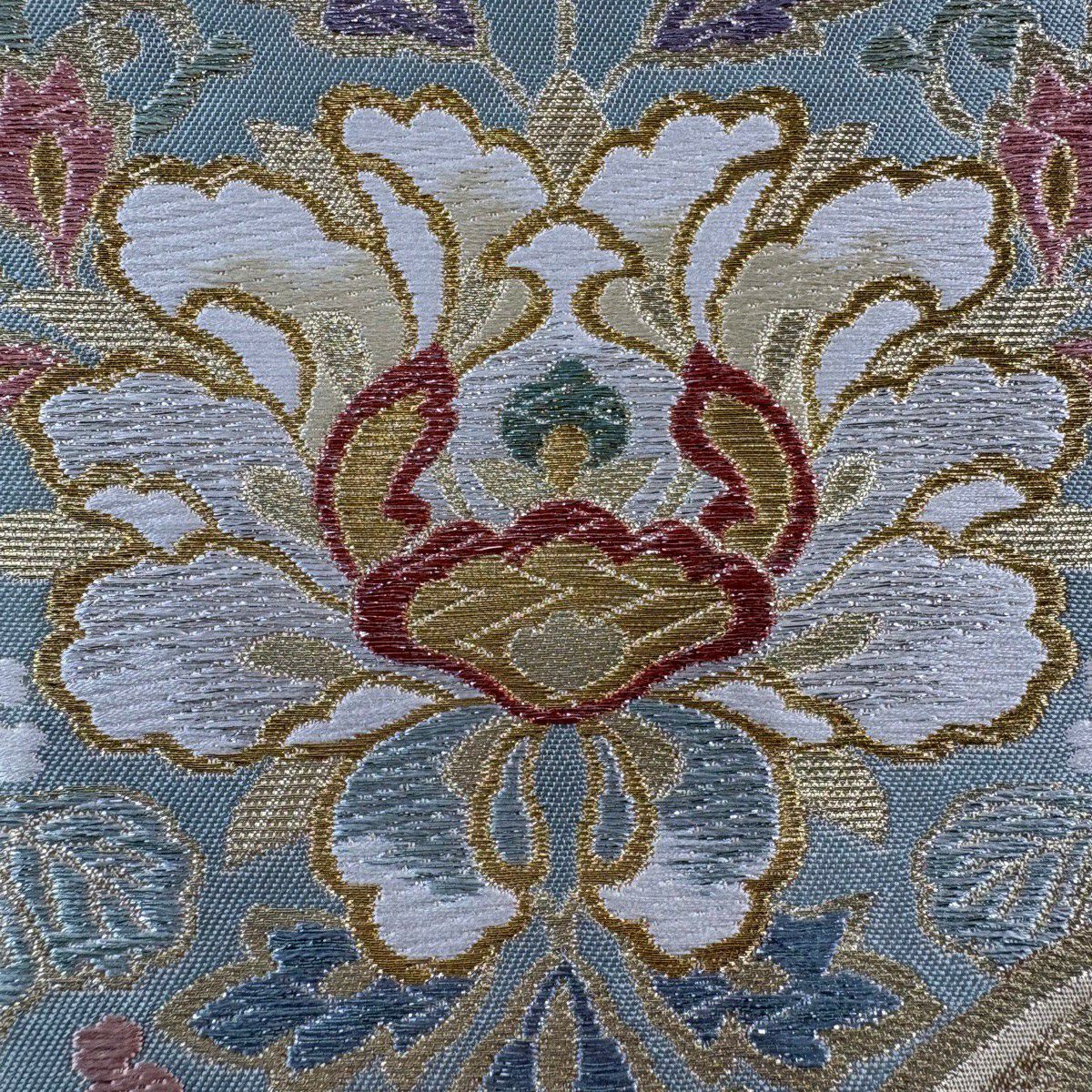 【美品】 袋帶 秀品級 草花紋紋 波 金絲 金金箔 米色 六通 純蠶絲