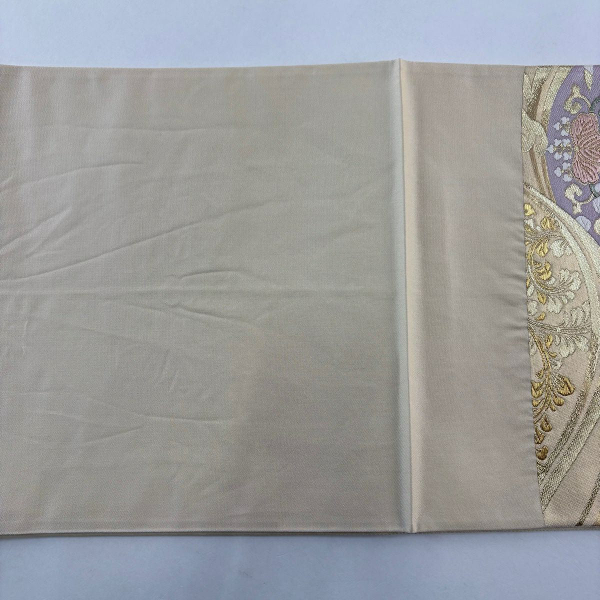 【美品】 袋帶 秀品級 草花紋紋 波 金絲 金金箔 米色 六通 純蠶絲