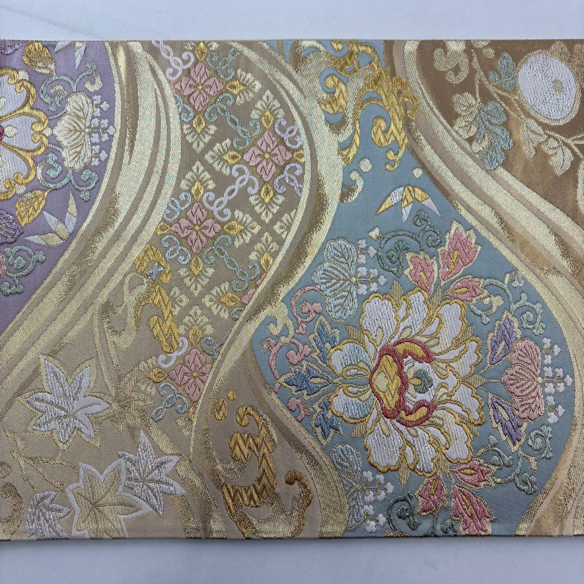 【美品】 袋帶 秀品級 草花紋紋 波 金絲 金金箔 米色 六通 純蠶絲