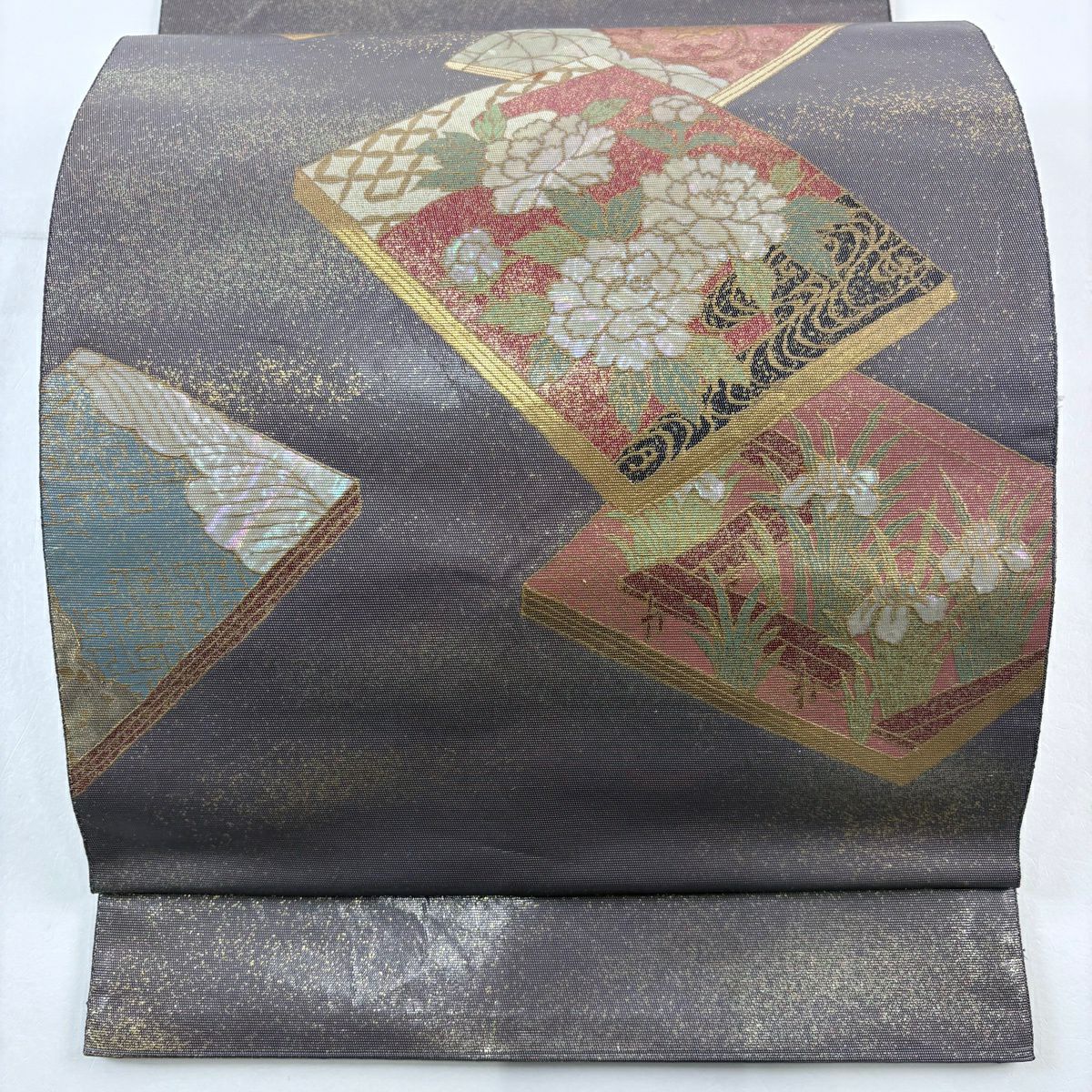 袋帶 秀品級 關西仕立 雜誌 草花紋紋 金金箔 金銀彩 茶紫 お太鼓柄 純蠶絲