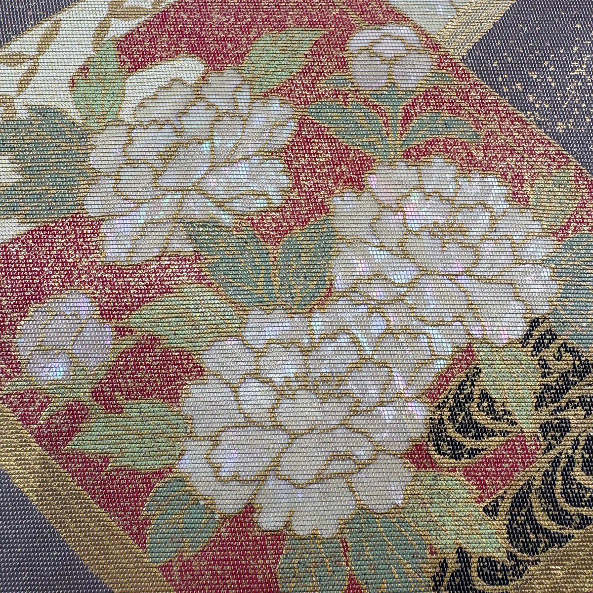 袋帶 秀品級 關西仕立 雜誌 草花紋紋 金金箔 金銀彩 茶紫 お太鼓柄 純蠶絲