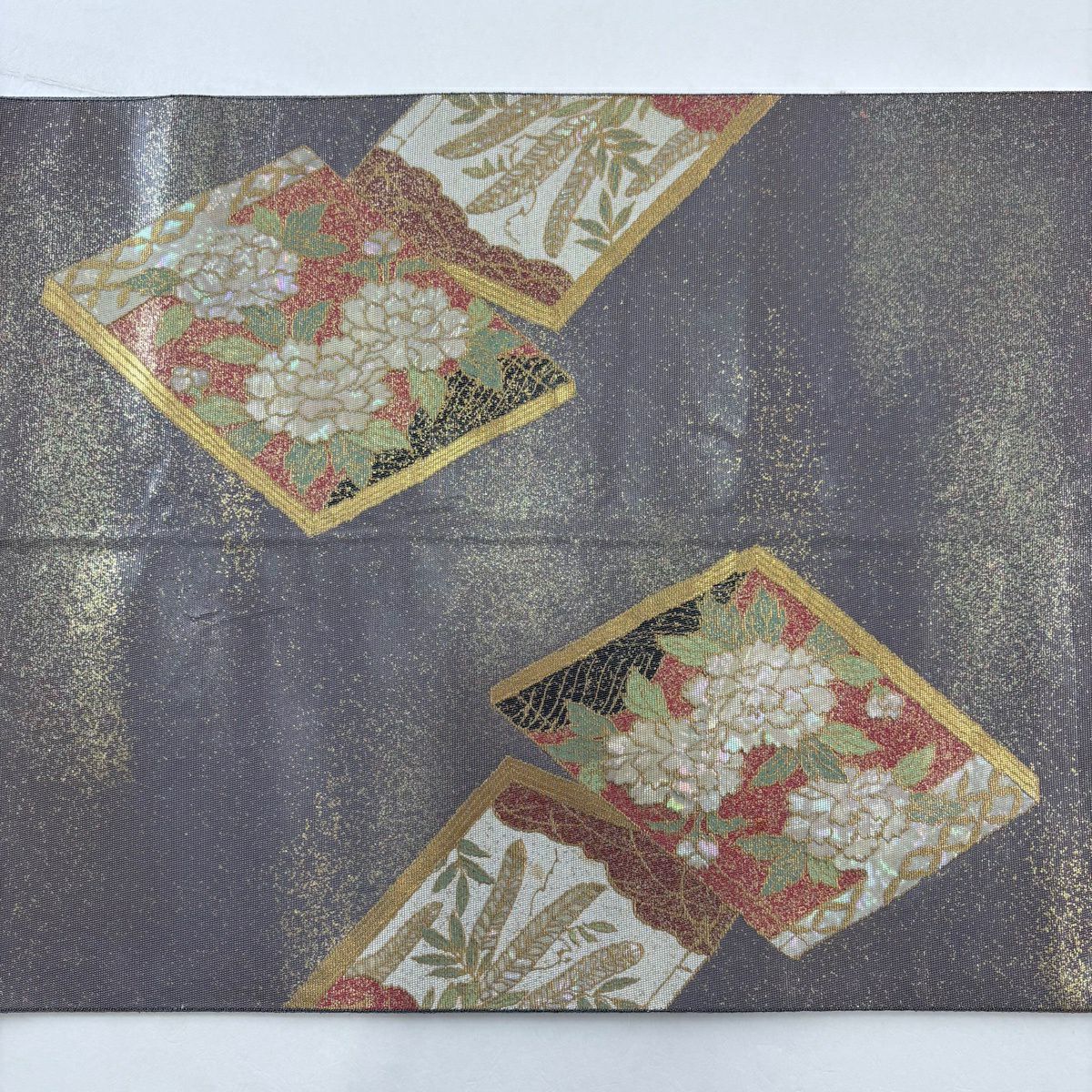 袋帶 秀品級 關西仕立 雜誌 草花紋紋 金金箔 金銀彩 茶紫 お太鼓柄 純蠶絲