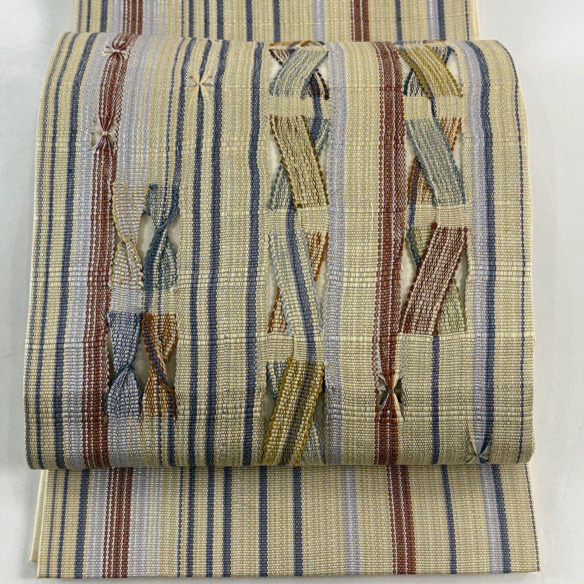 【美品】 袋帶 秀品級 條紋 幾何學 組織 銀線 灰綠 大鼓圖案 純蠶絲