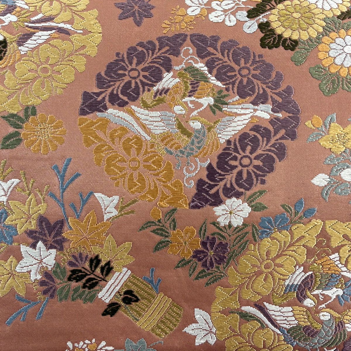 袋帶 秀品級 草花紋紋 鴛鴦 金絲 紅茶 六通 純蠶絲