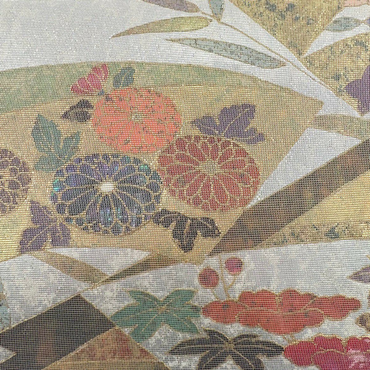 【美品】 袋帶 秀品級 扇子面 草花紋紋 螺鈿 金金箔 銀 純蠶絲