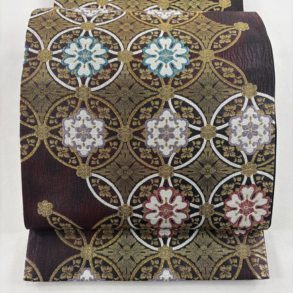 【美品】 袋帶 秀品級 落款あり 七寶紋 花 金絲 金金箔 紅紫 六通 純蠶絲