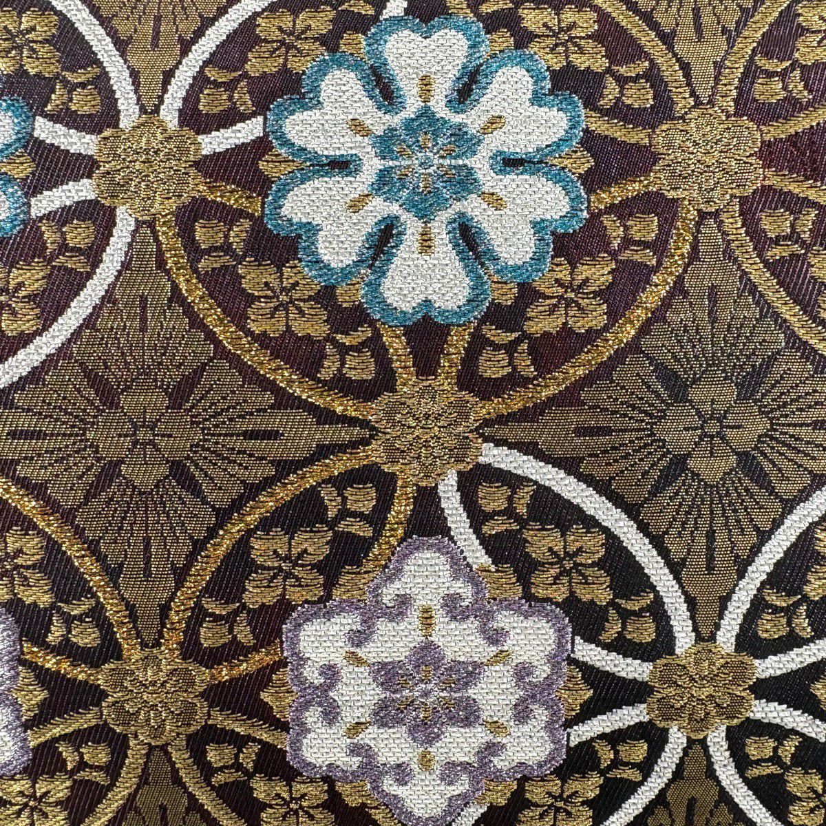 【美品】 袋帶 秀品級 落款あり 七寶紋 花 金絲 金金箔 紅紫 六通 純蠶絲
