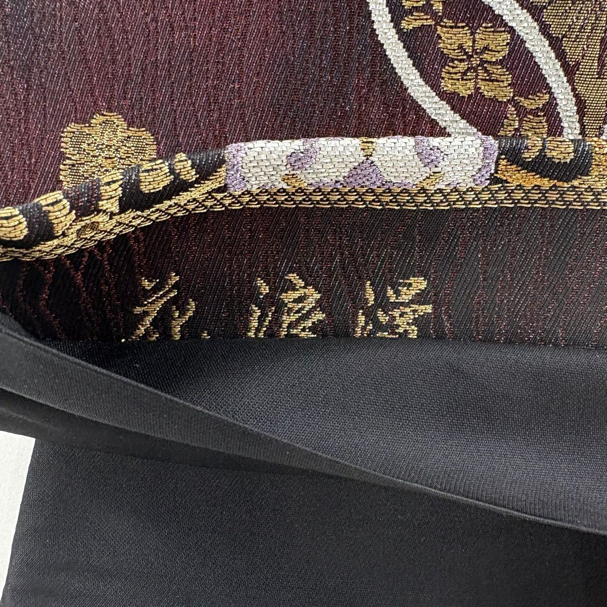 【美品】 袋帶 秀品級 落款あり 七寶紋 花 金絲 金金箔 紅紫 六通 純蠶絲