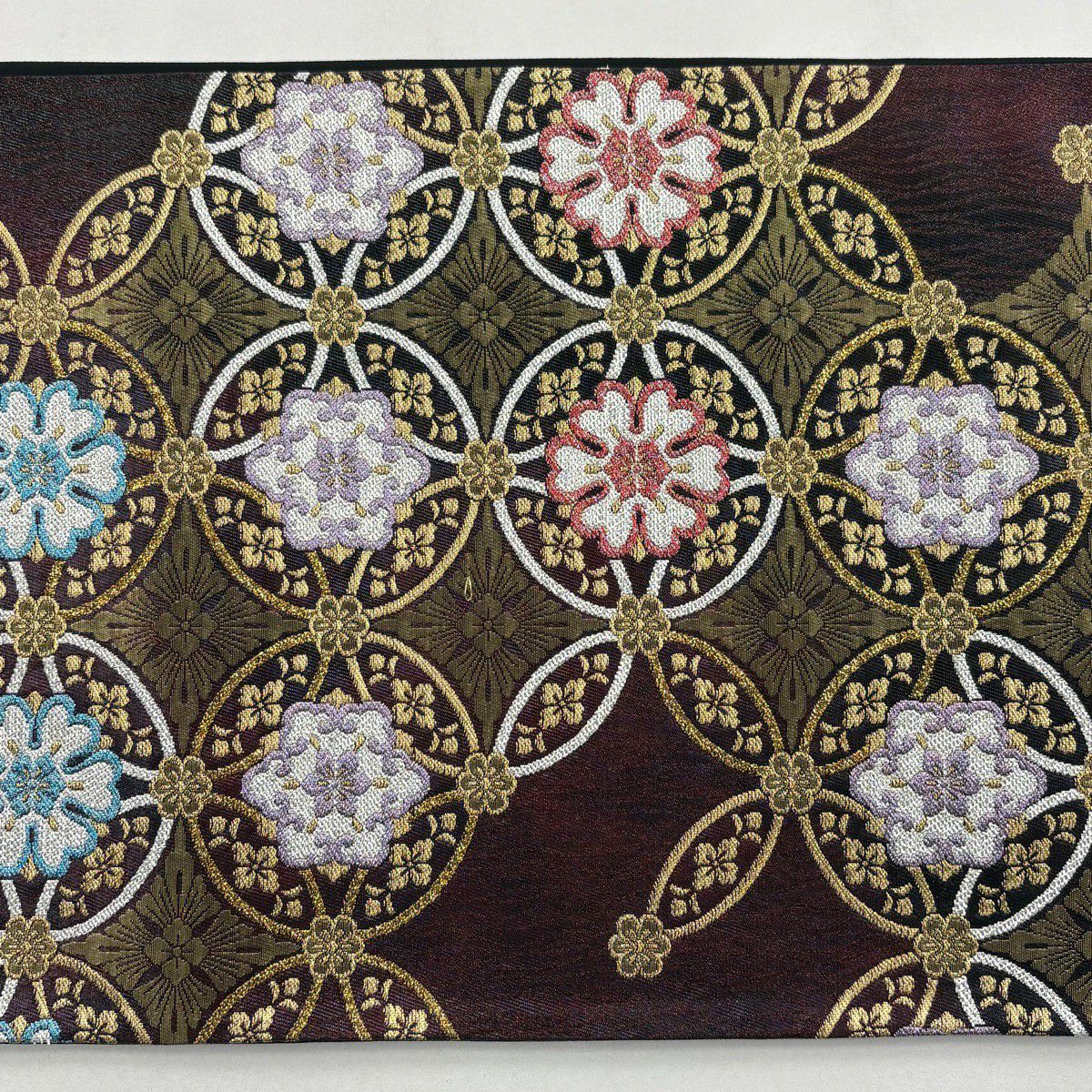 【美品】 袋帶 秀品級 落款あり 七寶紋 花 金絲 金金箔 紅紫 六通 純蠶絲