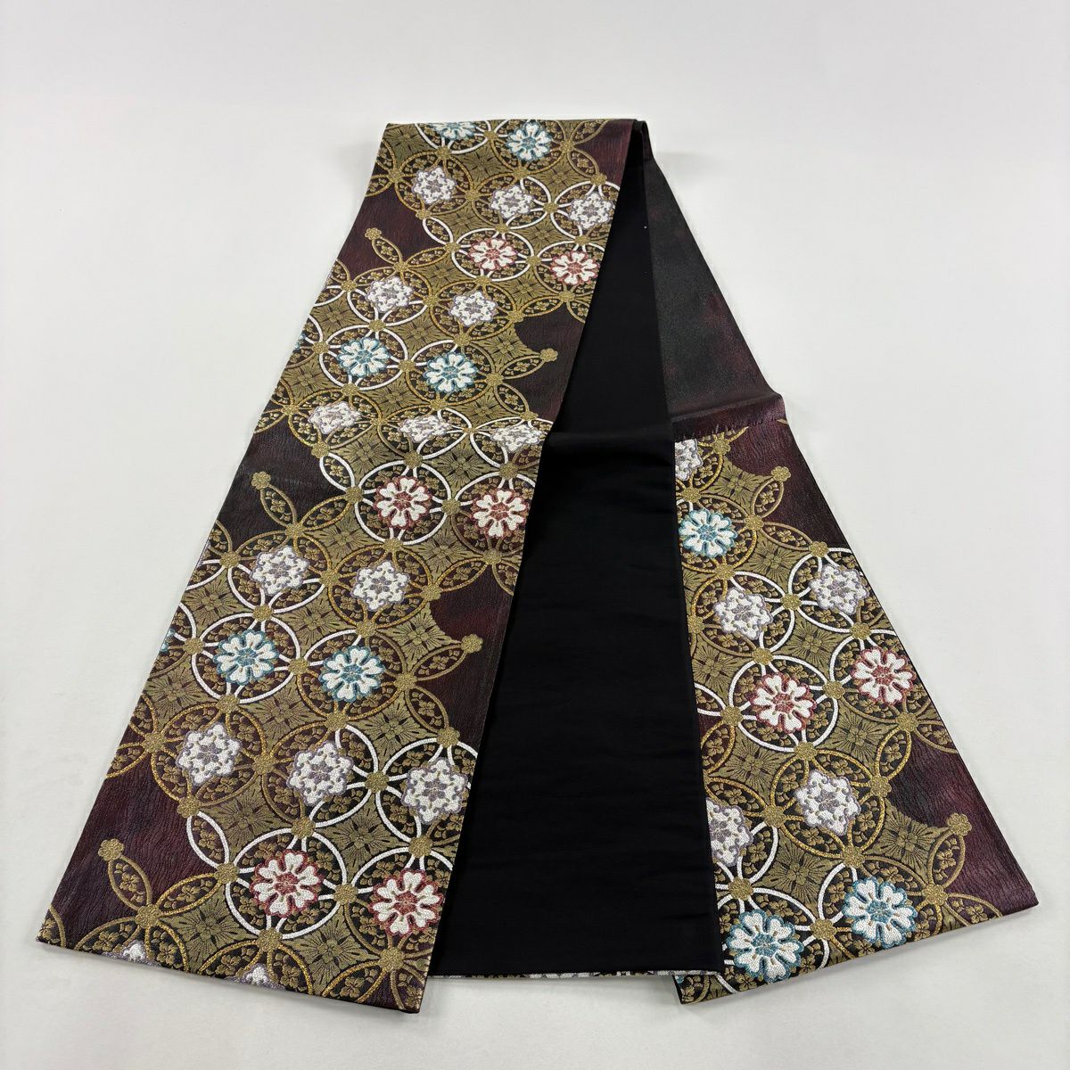 【美品】 袋帶 秀品級 落款あり 七寶紋 花 金絲 金金箔 紅紫 六通 純蠶絲