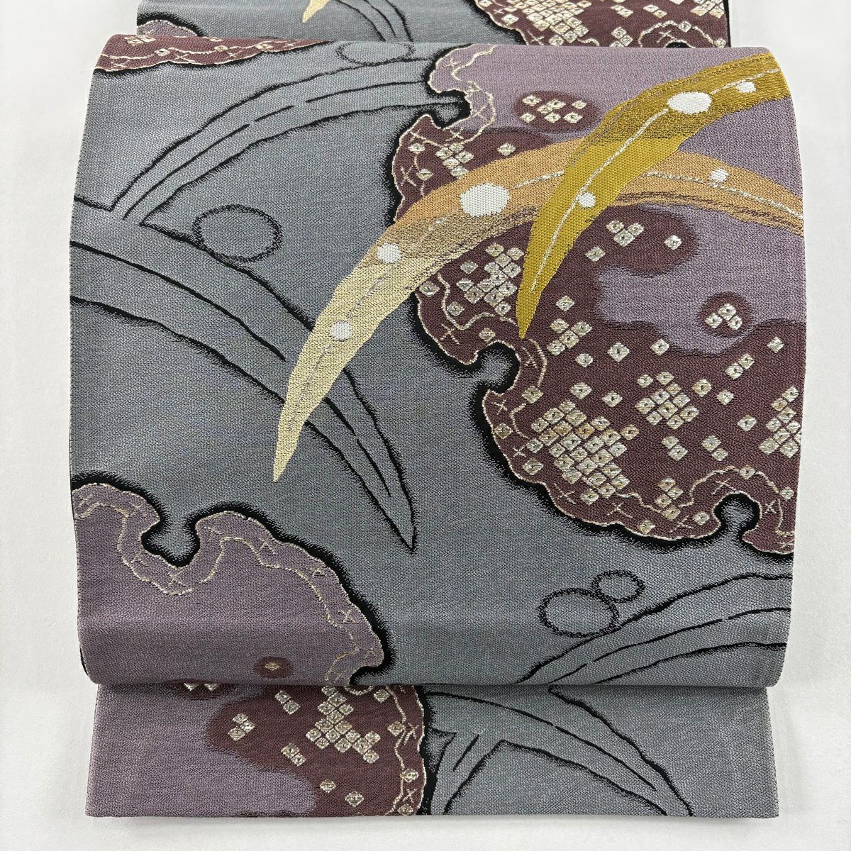 【美品】 袋帶 秀品級 雪輪 芝 金金箔 灰 深藍 六通 純蠶絲