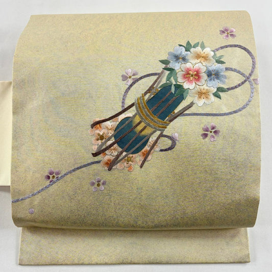 【美品】 名古屋帶 秀品級 草花紋紋 組紐 金銀彩 金金箔 淺黃 純蠶絲