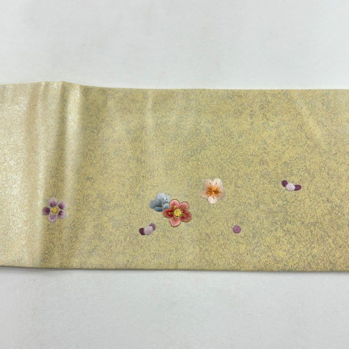 【美品】 名古屋帶 秀品級 草花紋紋 組紐 金銀彩 金金箔 淺黃 純蠶絲