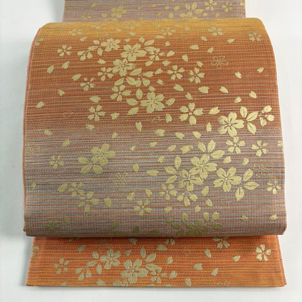 【美品】 袋帶 秀品級 樱花花瓣 金彩裝飾 鮭粉色 全通 純蠶絲