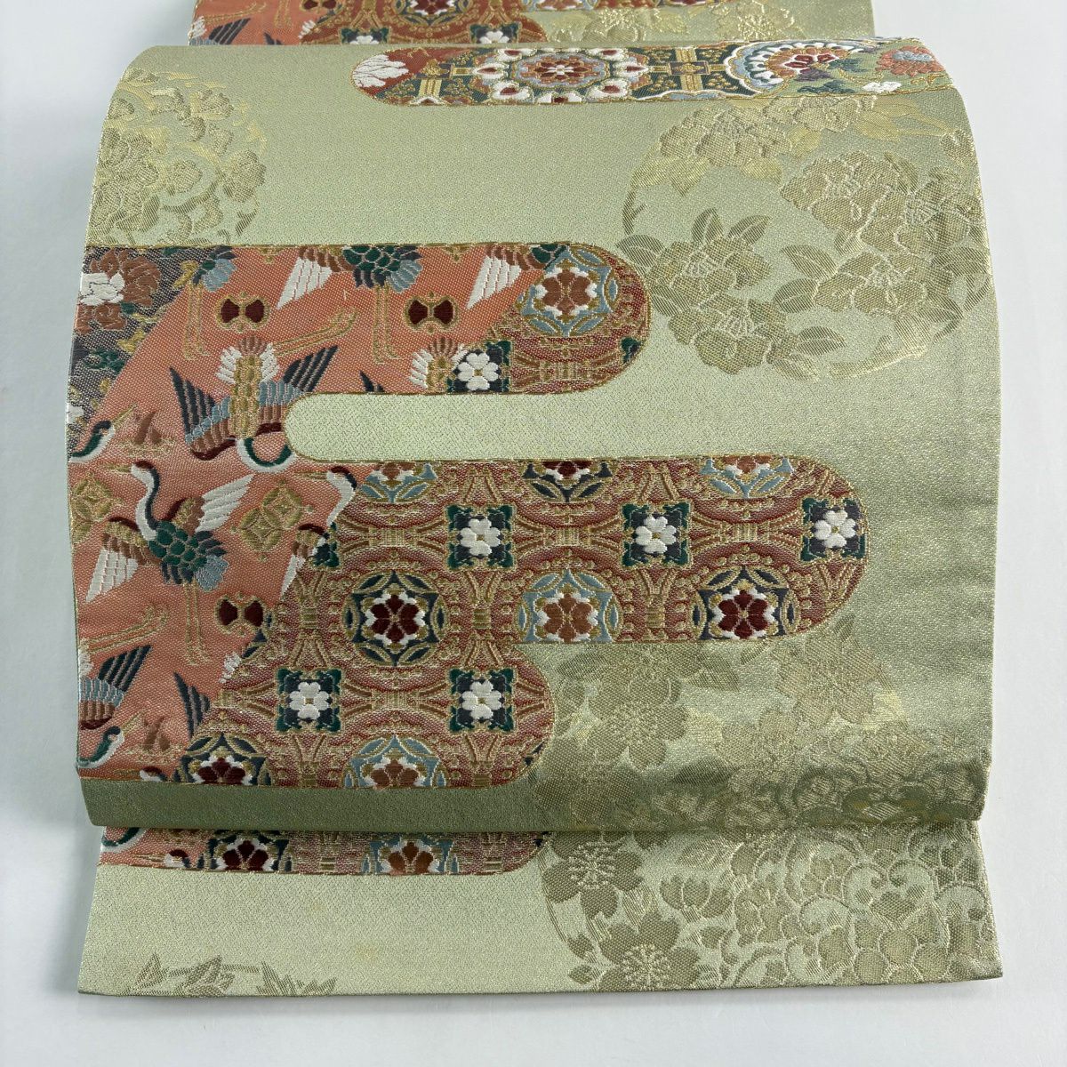 袋帶 秀品級 華紋 ヱ霞 金絲 金金箔 淺綠 六通 純蠶絲