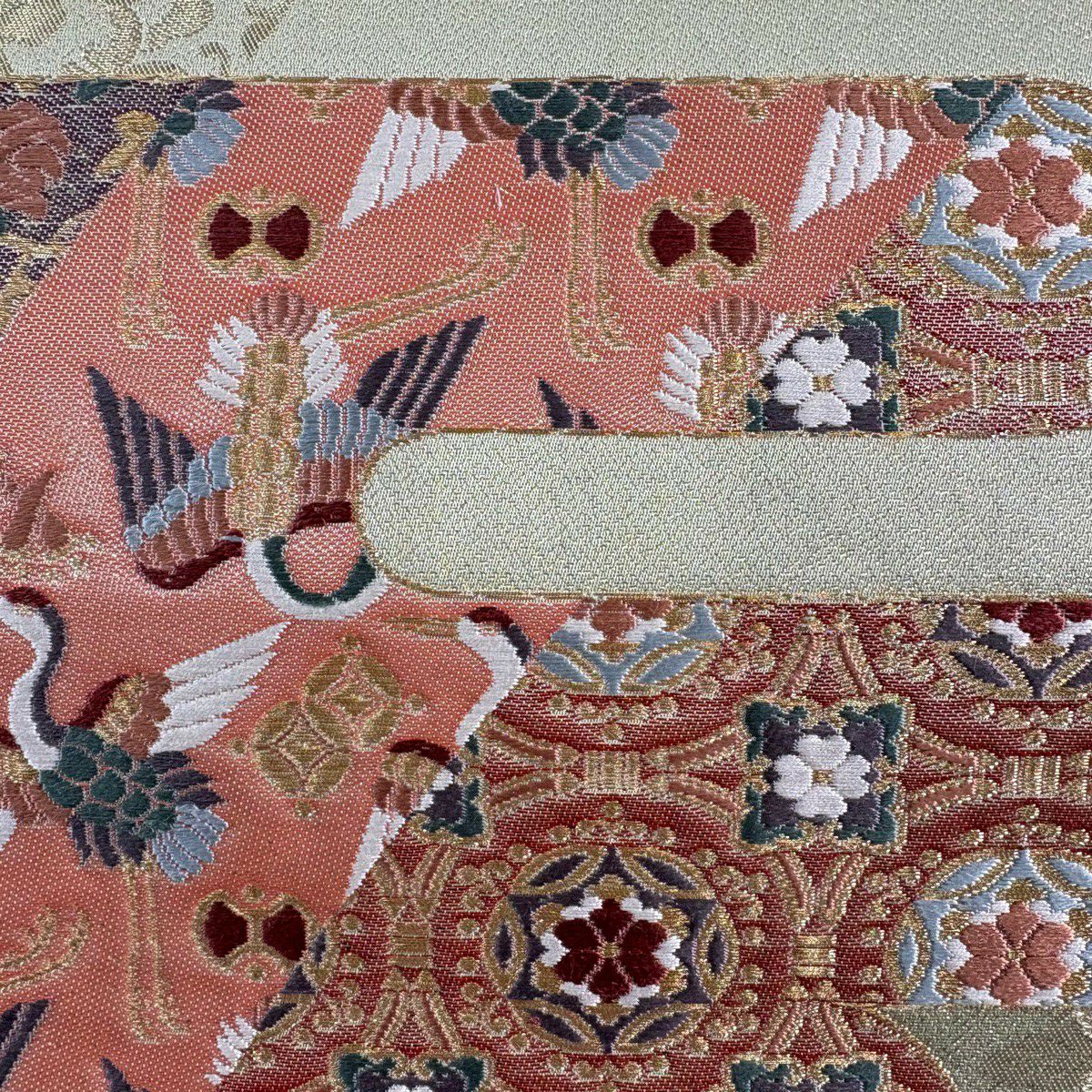 袋帶 秀品級 華紋 ヱ霞 金絲 金金箔 淺綠 六通 純蠶絲