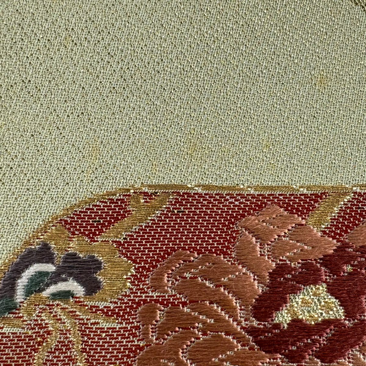 袋帶 秀品級 華紋 ヱ霞 金絲 金金箔 淺綠 六通 純蠶絲