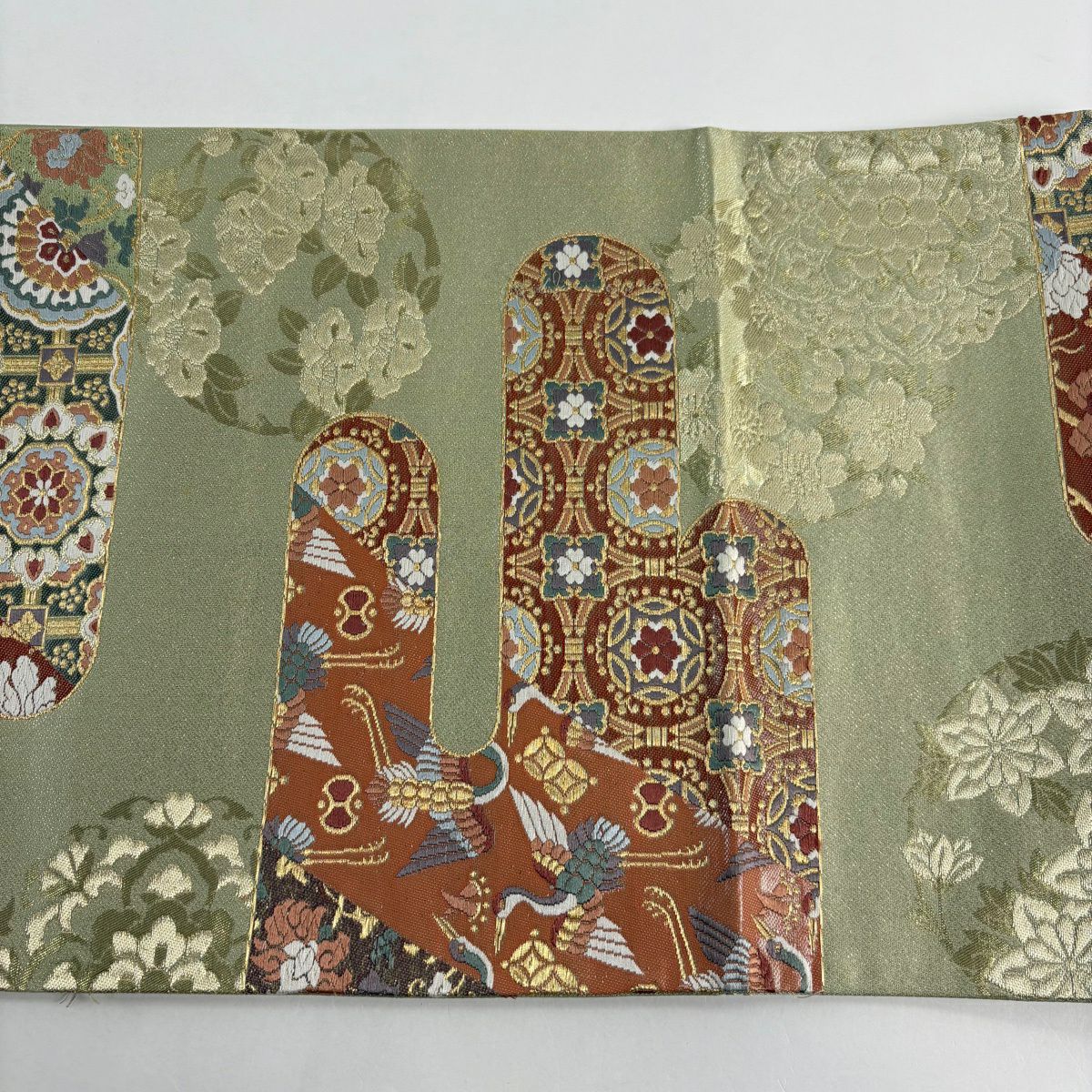 袋帶 秀品級 華紋 ヱ霞 金絲 金金箔 淺綠 六通 純蠶絲