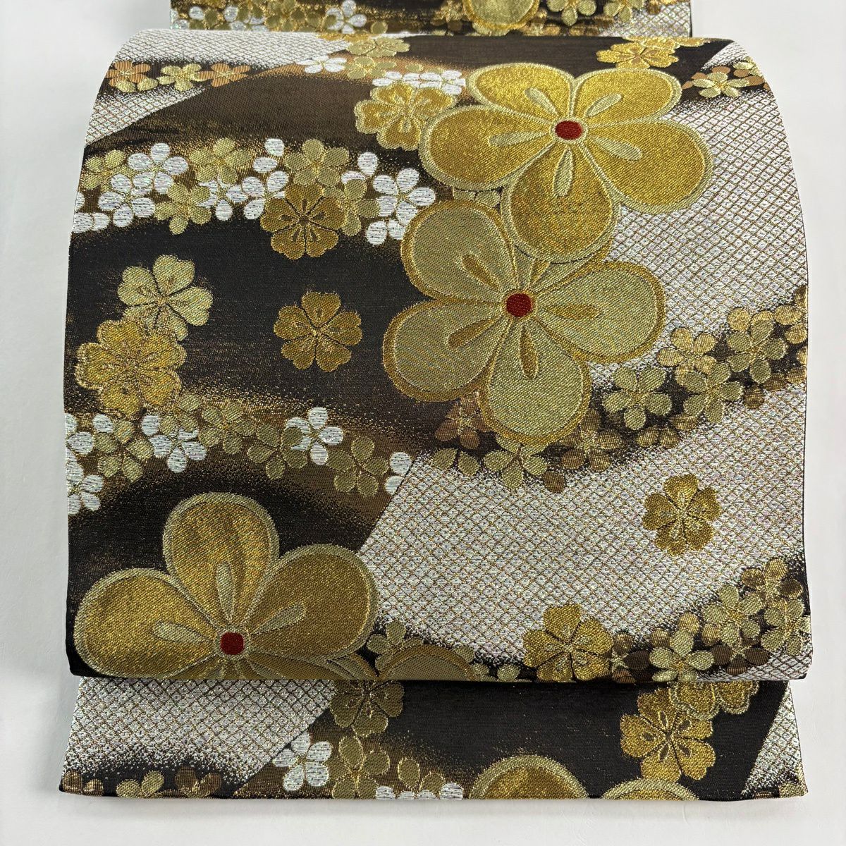 【美品】 袋帶 秀品級 梅花 疋田 金絲 金金箔 金色 六通 純蠶絲