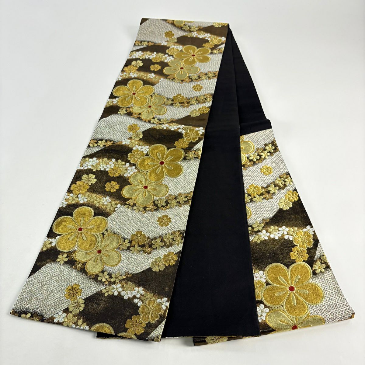 【美品】 袋帶 秀品級 梅花 疋田 金絲 金金箔 金色 六通 純蠶絲