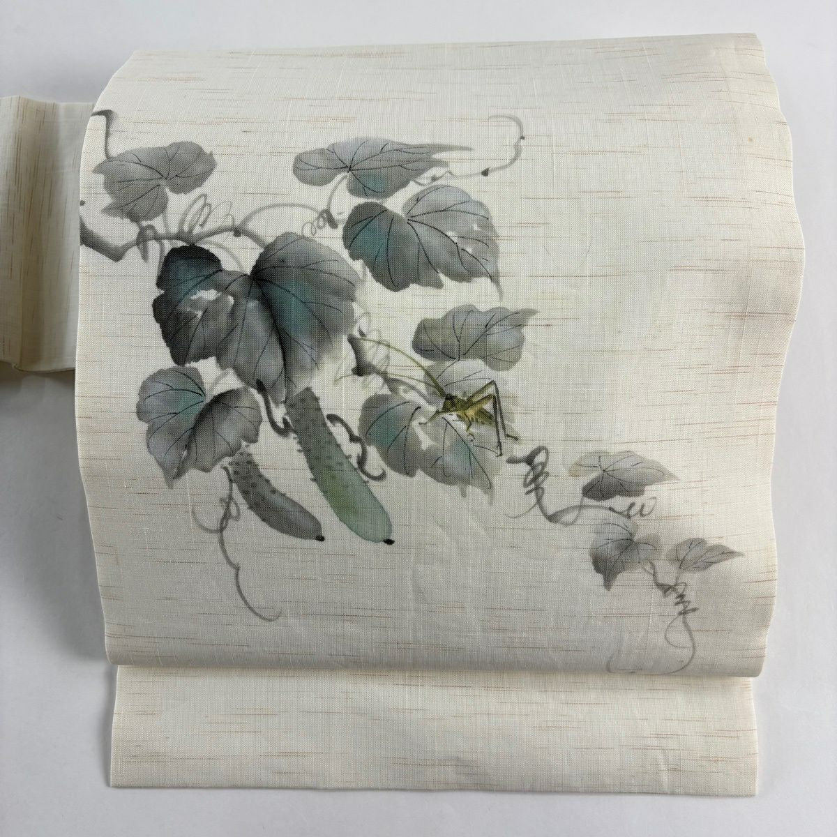 名古屋帶 秀品級 附落款 蟲子 胡瓜 奶油色 純蠶絲