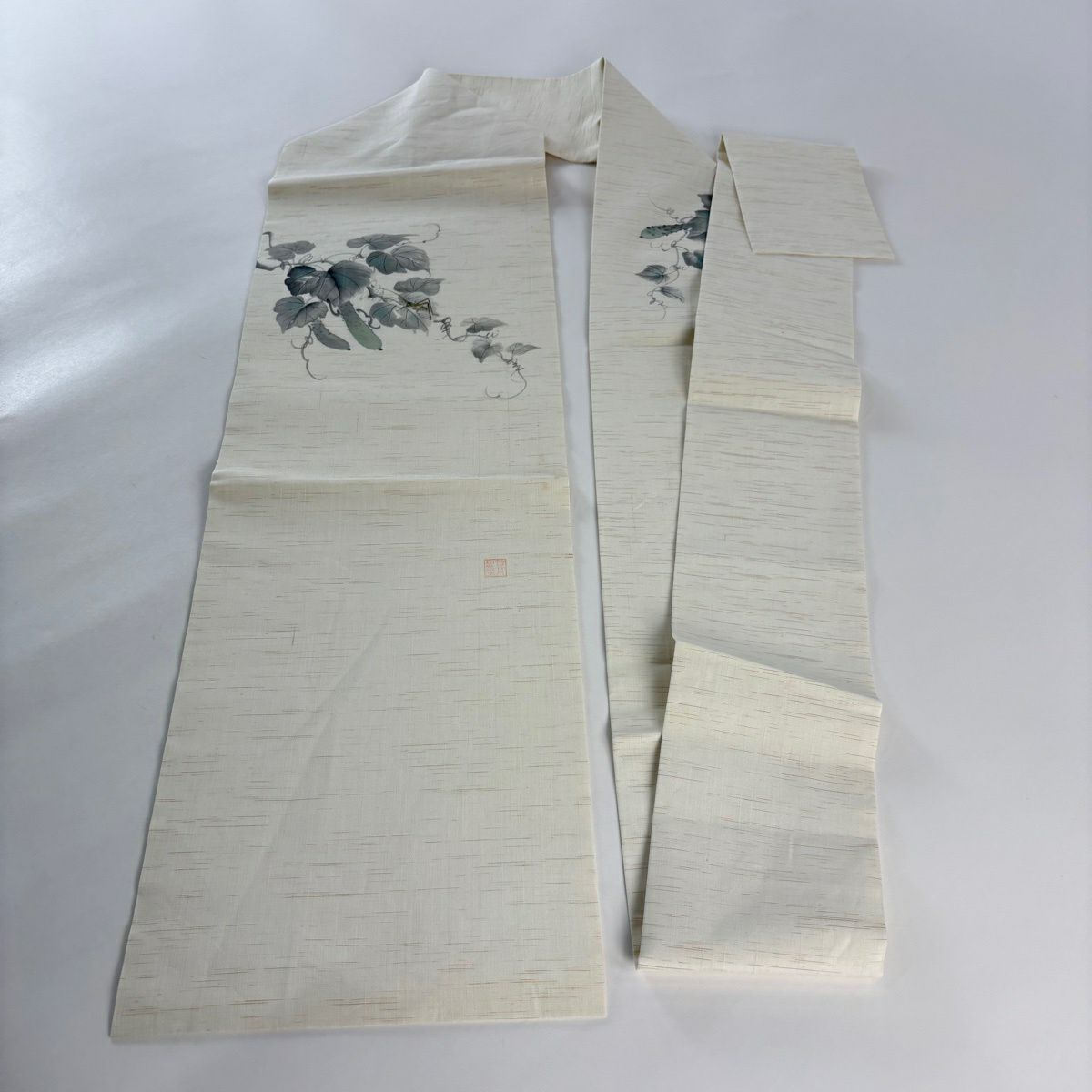 名古屋帶 秀品級 附落款 蟲子 胡瓜 奶油色 純蠶絲