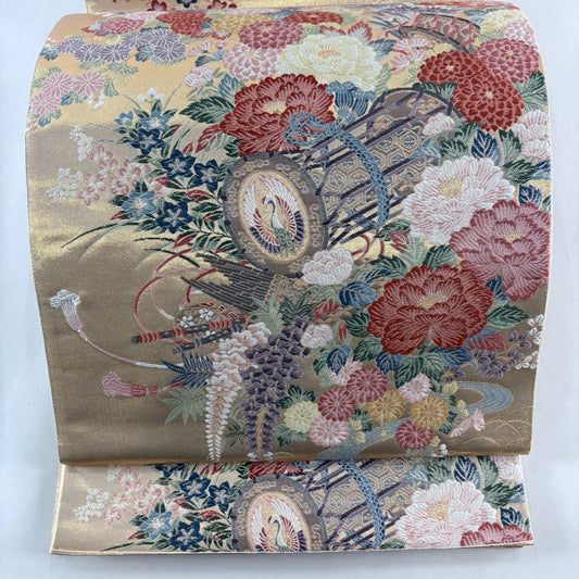 【美品】 袋帶 名品級 加賀之美 草花紋紋 鼓 金絲 金金箔 金色 六通 純蠶絲