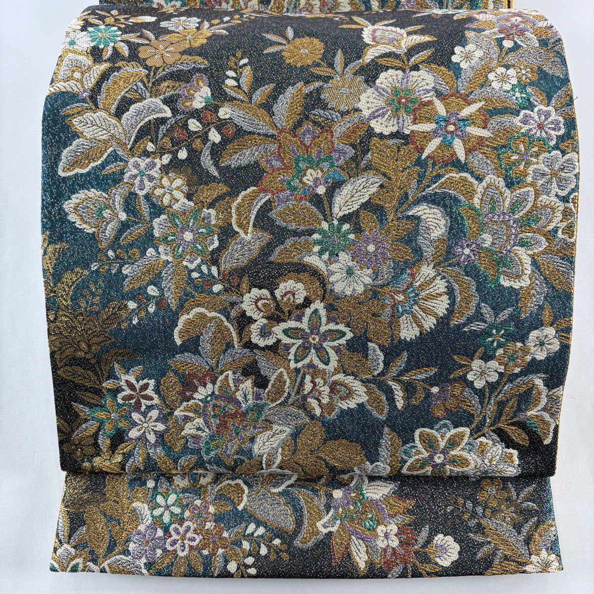【美品】 袋帶 名品級 樱花 草花紋 金銀彩 金金箔 青綠 六通 純蠶絲