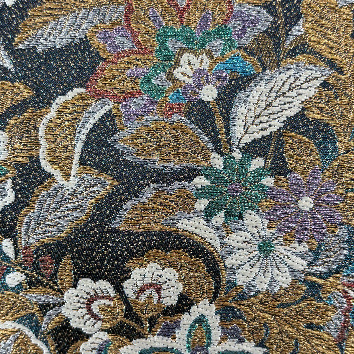 【美品】 袋帶 名品級 樱花 草花紋 金銀彩 金金箔 青綠 六通 純蠶絲