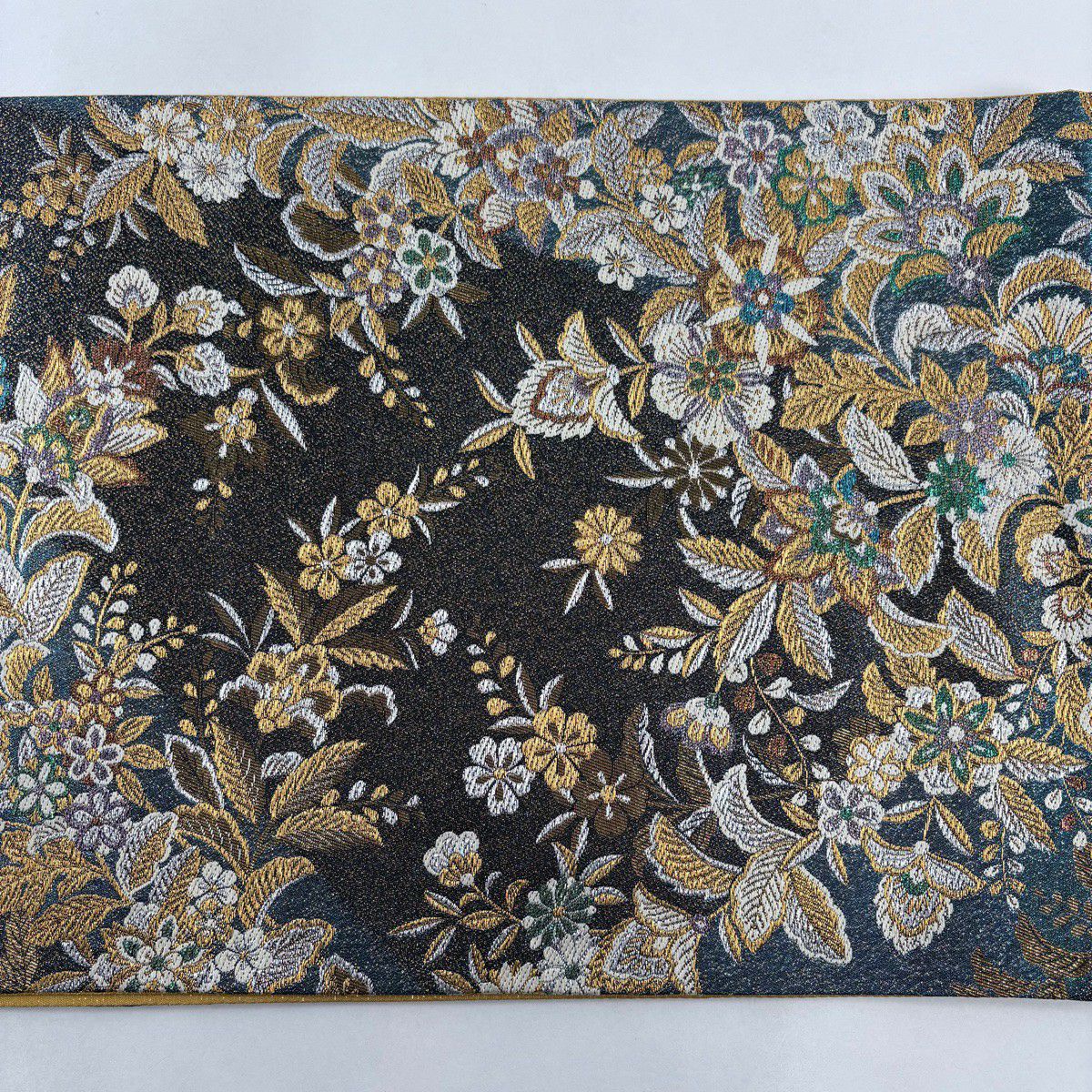 【美品】 袋帶 名品級 樱花 草花紋 金銀彩 金金箔 青綠 六通 純蠶絲