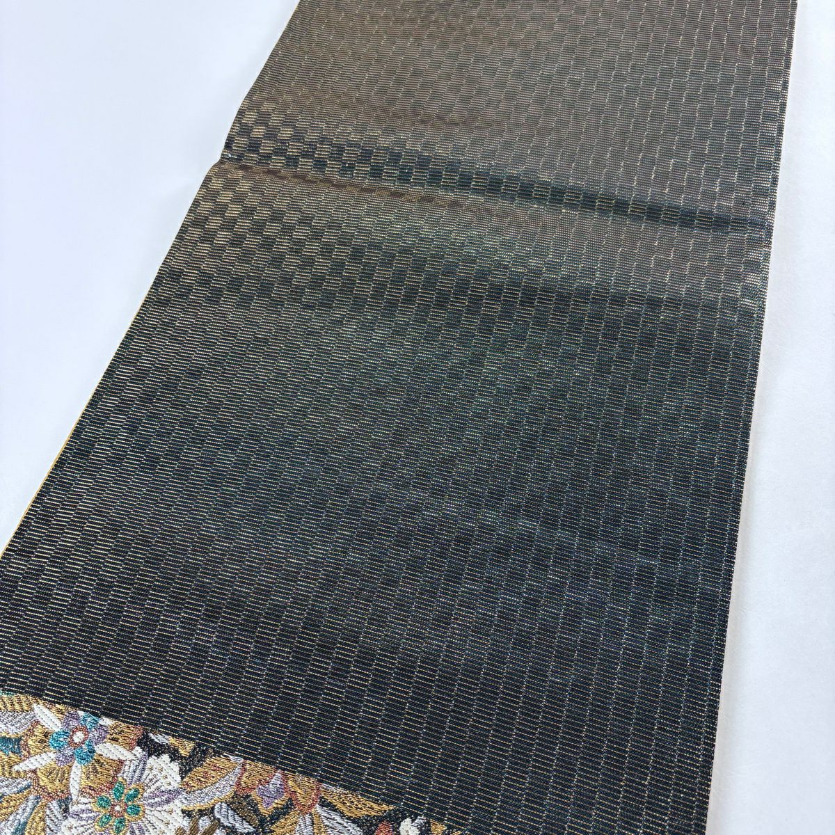 【美品】 袋帶 名品級 樱花 草花紋 金銀彩 金金箔 青綠 六通 純蠶絲